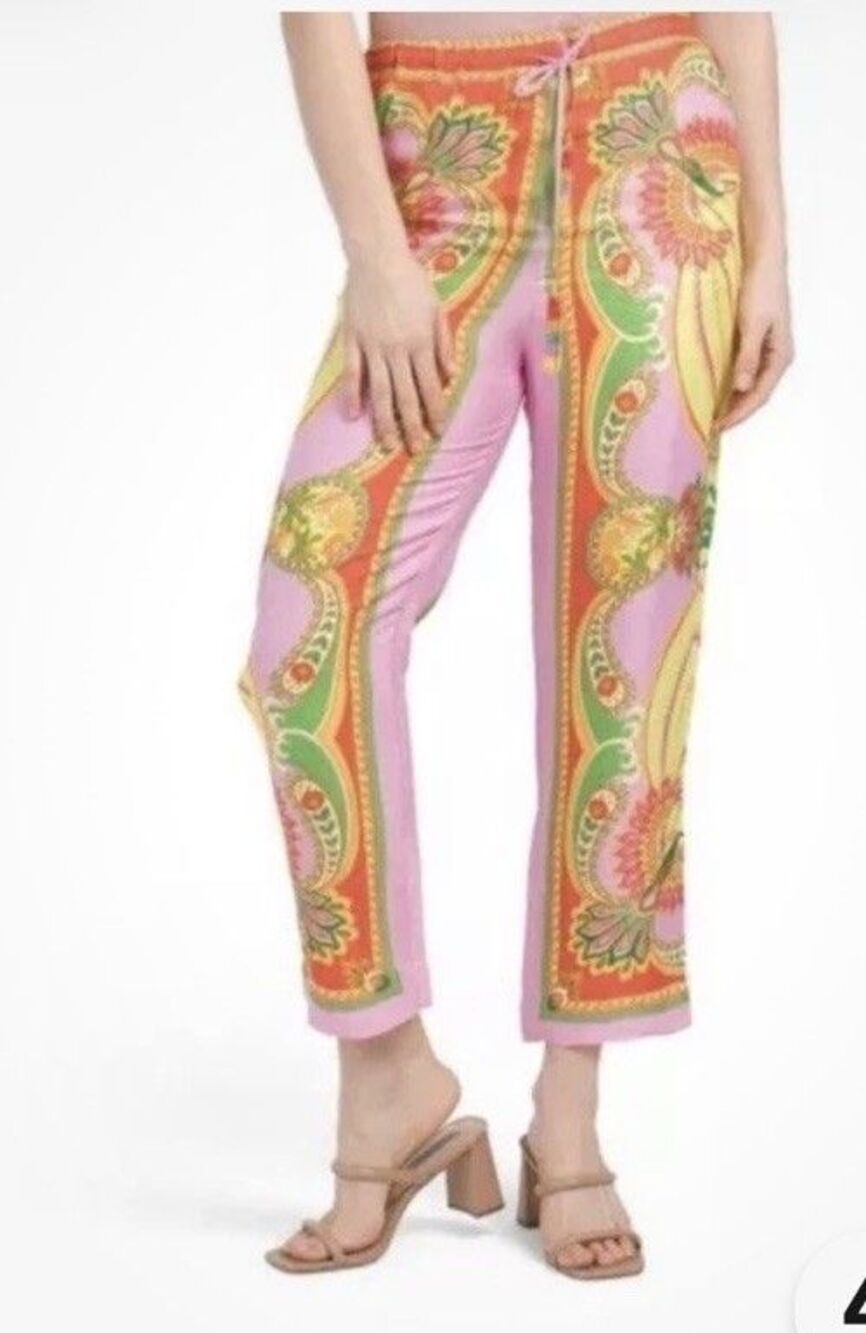 Farm Rio Womens Multicolor Viscose Beach Toucan Scarf Straight Leg Pants Sz P/XS
